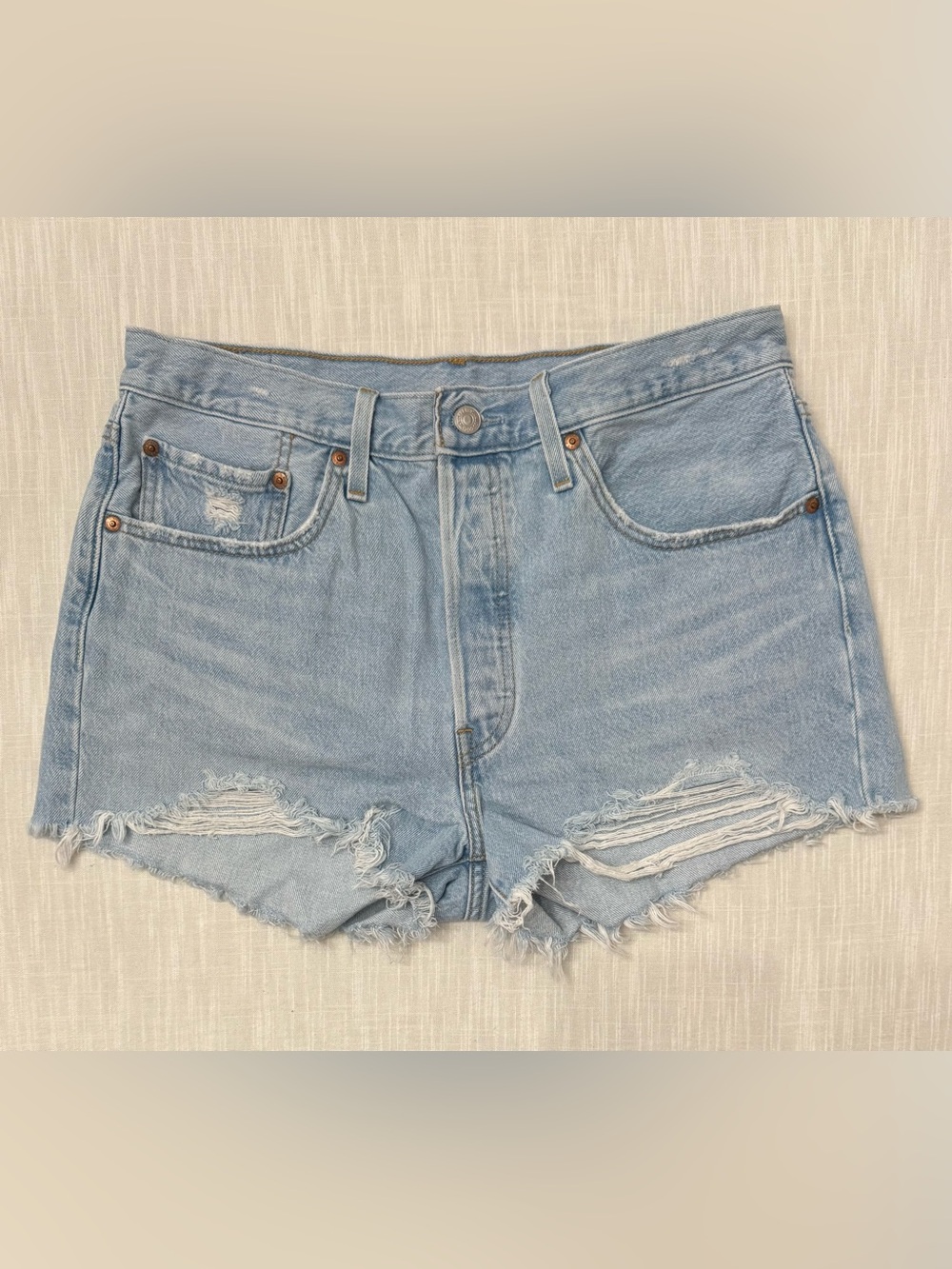 Levi's 501 Women's Blue Jean Denim Shorts Size 31 Distressed Cut-Off Button Fly